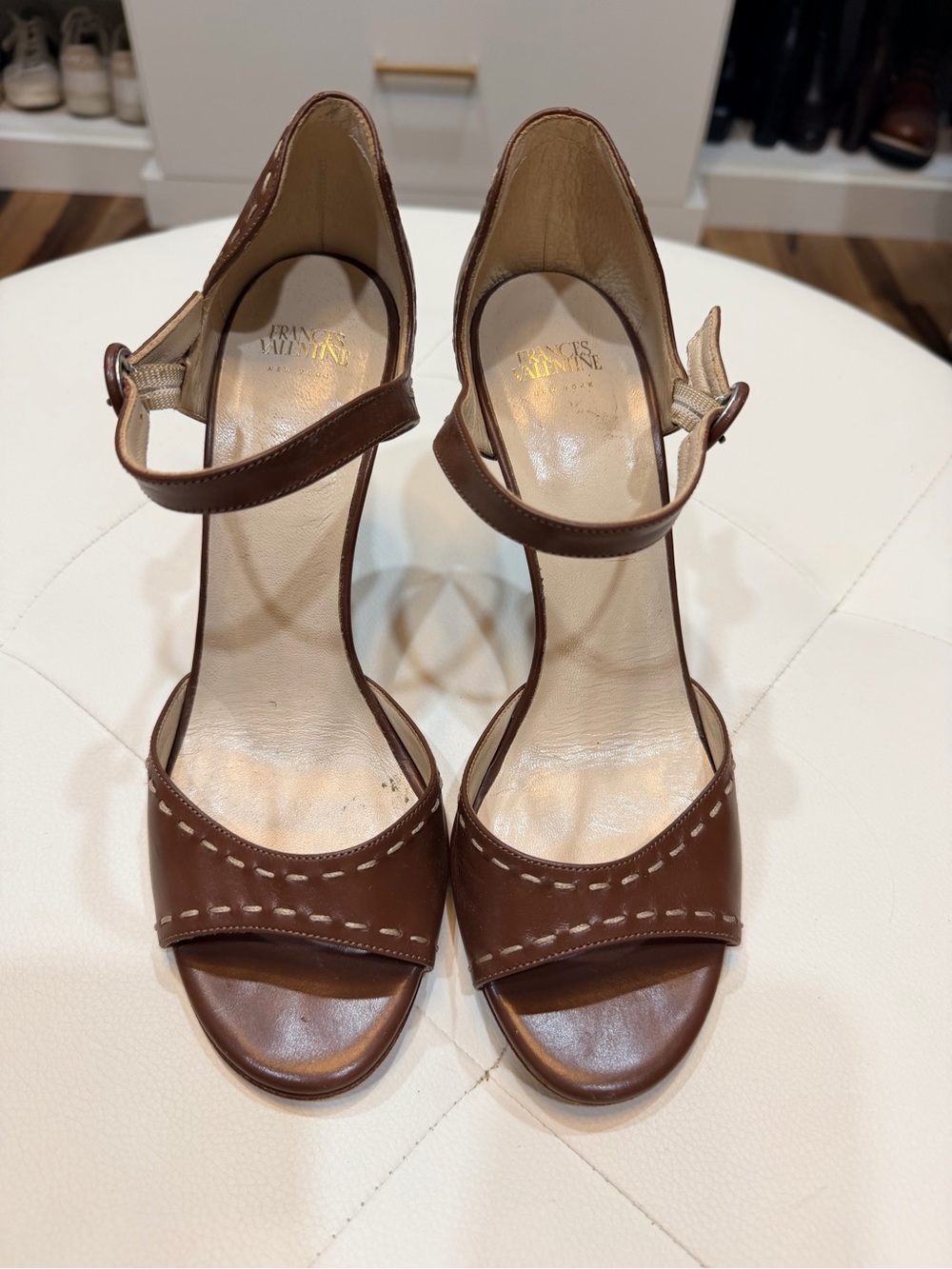 Frances Valentine Cognac Leather Ankle Strap Heels